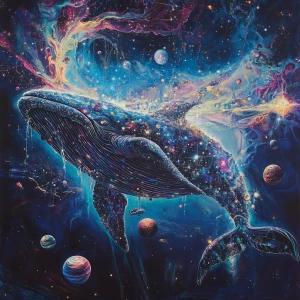whale swimming through a celestial sea, its body made of dark, s...