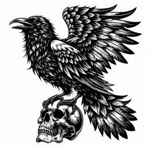 A black-and-white tattoo design of a raven with spread wings per...