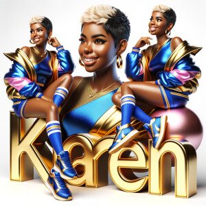 3D writing name "KAREN" bold glossy gold. There is a beautiful African-American latino woman, smiling with a black and blonde pixie cut hairdo,blue and gold trendy jacket and outfits in blue, pink, and gold tones, sport shoes, sitting under the name. Her outfits are glossy. dynamic color explosion background, of pink, blue, gold colors, splashed on white wall