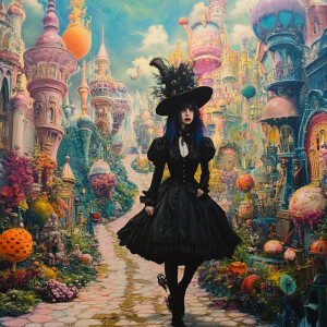 Generate an image of a gothic woman in the midst of a brightly c...