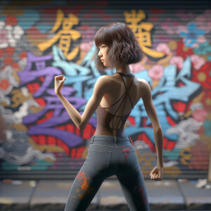 Athletic Thin skinny Attractive, Asian teenage girl, long brown hair and bangs, wearing tight skinny jeans and a halter top paint marks on her clothing, heroic pose Asian graffiti background, backside view