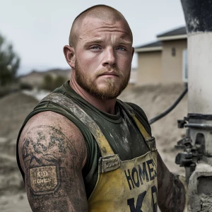 Brian Nobles a real 28 year old Caucasian male who is using  a concrete mixer, he is a  pump operator holding the hose which carries the liquid concrete to the foundation pour, Brian is slowly  beginning his transition into adult maturity , Brian Nobles is beginning to look like a grown man, he has large reflective blue eyes and a wrinkled brow,Brian is now balding , prominent large protruding round fat obese belly,,thick goatee beard, healthy muscle mass ,very noticeable male pattern balding hairline, Brian Nobles now has a  prominent receding and thinning male hairline (onset male pattern baldness), slightly fat overweight(Caucasian)wearing tight body conforming  glossy satin shiny green and gold tight fitting body conforming UnderArmour athletic bodysuit,emblazoned with the "KD HOMES" real estate logo, standing confidently in front of a newly completed constructed new KD HOME in Victorville California in a raw desert landscape. Brian has a protruding fat obese muscular physique, large male bulge, fat obese muscular frame , shows a substantial frame with a noticeable mature hairline and expressive eyes. His workman’s  pose should reflect his experience in his trade.