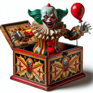 Create an image of an antique jack-in-the-box with vibrant color...