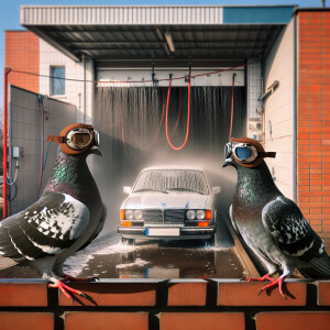 A whimsical scene of two pigeons with flight goggles on their he...