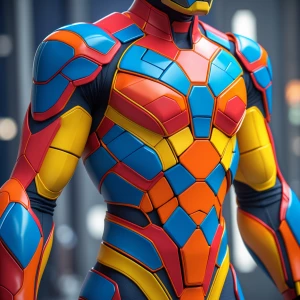 Design a superhero clad in seamless liquid armor that resembles...