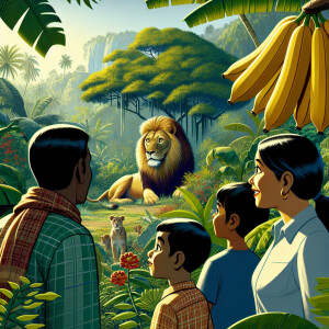 A family in the jungle watches a lion resting under a tree, with...