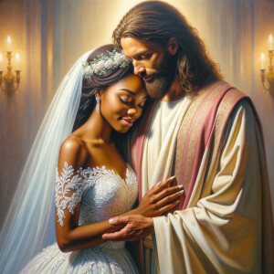 Imagine a hyper-realistic oil painting that captures a tender moment between theAfrican American bride and her God. The setting is intimate and filled with soft, warm lighting that enhances the emotional depth of the scene. The bride, in herexquisite wedding gown, shares a heartfelt embrace with her african-American Lord Jesus , who is dressedin an elegant outfit that complements the wedding's color scheme. Their expressions are full of love, pride, and joy, reflecting the special bond between them. Theattention to detail is paramount, from the intricate designs of their dresses to the subtle emotions conveyed in their facial expressions. The background is a blur ofgentle pastel hues, ensuring that the focus remains on this touching moment. Thispainting should convey the warmth, love, and depth of the relationship, with the rich textures and vibrant strokes characteristic of oil paintings, capturing the essence of this significant pre-wedding moment.