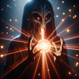 An alien wizard manipulating a ball of energy in its hands befor...