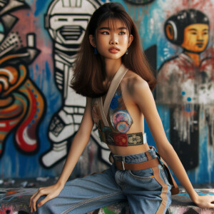 Very thin Athletic Thin skinny Attractive, Asian teenage girl, long brown hair and bangs, wearing tight skinny jeans and a halter top paint marks on her clothing, sitting side view heroic pose Asian graffiti