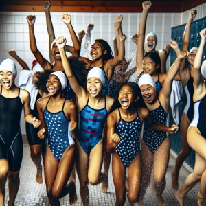 Girls swim team celebrates their victory over their rival team i...