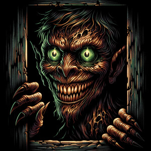 A horribly burned monster from hell with green eyes and a creepy...