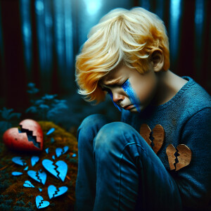 Boy with yellow-baige hair crying in forest.
He is alone and no...