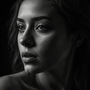 Create a realistic black and white noir-style portrait of a woma...