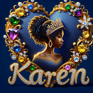 Craft a 3-D image showcasing the name 'KAREN' in a luxurious gol...