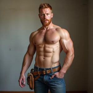 Create an image of a muscular, hairy-chested construction worker...