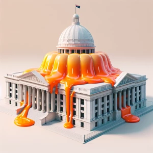 Generate a hyper-realistic image of the White House with an oversized, vivid orange pudding on the roof, visibly dripping down the building's sides.