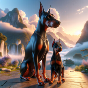 A Female Doberman Pinscher with her puppy next to her 3D Photoli...