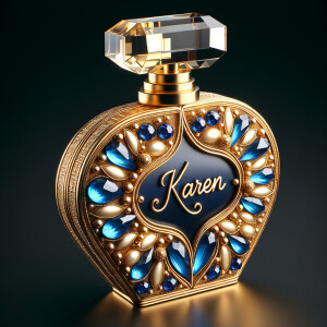 Create a 3-D realistic gold and blue, colorful jewels perfume b...