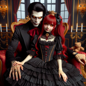 Lilith as a girl with elegant gothic lolita dress sit on the lap...