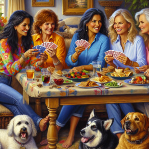 oil painting of 4 middle aged women with laughing smiles, sittin...