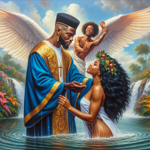 An oil painting depicting a light-skinned African-American pasto...