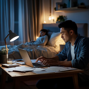 A digital marketer working late in his room on a laptop, sitting...