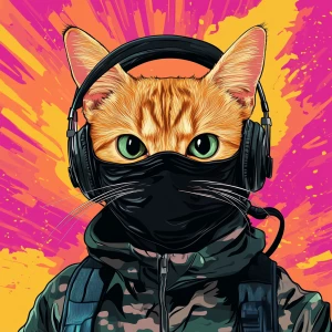 A wide-eyed ginger cat wearing a black tactical balaclava (or ma...