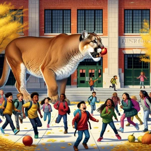 A fat mountain lion eating snacks in front of a school scaring c...