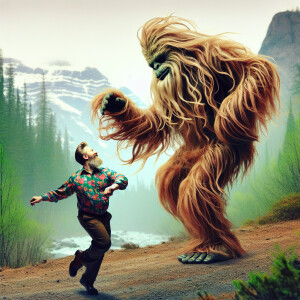 A humanoid looking hair covered sasquatch dancing to the cha cha