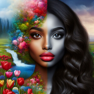 Create a digital artwork showing a half-portrait of a light-skin...