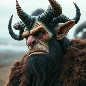 A captivatingly decrepit schlocky orc, his rugged features softe...