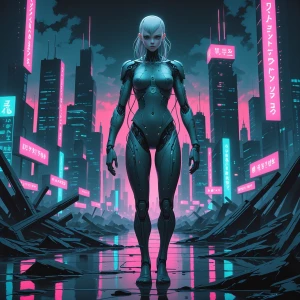 In a world of glitching pixels and ethereal neon hues, a once-thriving civilization resides in a digital anime filled with mystery and wonder. A hauntingly beautiful avatar, half-human and half-machine, stands amidst a cityscape of crumbling digital skyscrapers and flickering holographic signs. The image appears as a hyper-realistic digital painting, with intricate details and lifelike textures that transport viewers into this futuristic world. The avatar's metallic limbs gleam with a dull sheen, wires and circuits exposed beneath synthetic skin, while their eyes glow with an otherworldly light, hinting at hidden knowledge and untold secrets of the lost civilization.