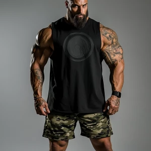 A muscular man is wearing a sleeveless black shirt with a circul...