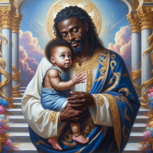 Classical oil painting style depicting an African-American Jesus...