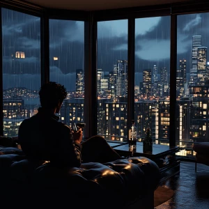 A cinematic, moody evening scene in a modern high-rise apartment...