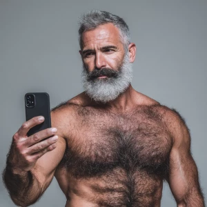 The image shows a middle-aged man with a muscular, hairy physiqu...
