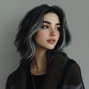 A shoulder length brunette with grey streaks in her hair dressed...