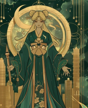 Elegant portrait of a Sailor Moon–Geisha heroine in a Manga–Art...
