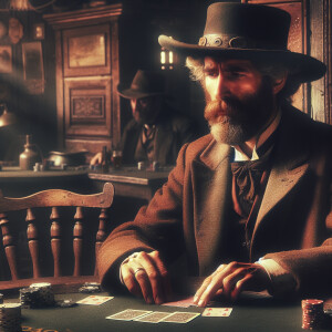 Old western poker player sitting at a table in an old run down s...