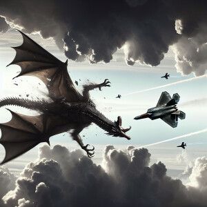 Dragon falling from the sky, upside down, f22 diving towards it,...