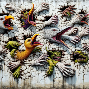 A detailed depiction of a weathered, cracked white wall with an...