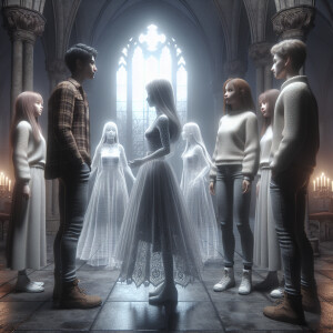 Two girls and two guys are standing in a dark room and talking t...