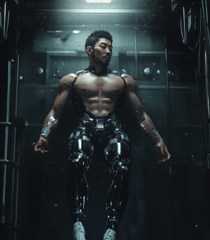 A asian high fashion model floating in zero gravity a muscular m...