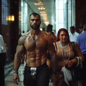 A muscular man with tattoos and visible sweat, accompanied by hi...