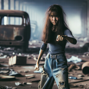 Skinny and thin Asian teen girl wearing skin tight jeans that are worn and frayed, long hair and bangs heroic ready to fight stance