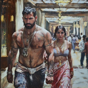 Fantasy painting.A sweaty beefy man walking with his 54 year old...