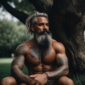 a powerful and self-assured bodybuilder sporting a striking gray...