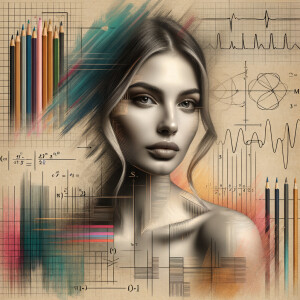 Abstract, minimalist, painting, with pencil line, paint, testers, colorful marks, mathematical equations, electrical cardiogram, printouts complex, math formulas