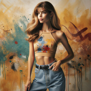 Sexy, Asian teen girl wearing skin tight jeans and a halter top long hair and bangs paint marks on her clothing, graffiti background heroic pose side view