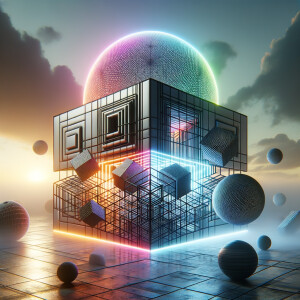 /imagine prompt:A dynamic 3D rendering of a cube, sphere, and cylinder, each evolving from monochrome to vivid hues, against a minimalist, surreal backdrop with an ethereal sky. The cube is adorned with geometric patterns, the sphere glows with neon lights, and the cylinder is enveloped in a misty fog. Created Using: abstract surrealism, minimalist framework, color transformation, glibatree prompt, intricate patterns, neon effects, atmospheric mood --ar 1:1